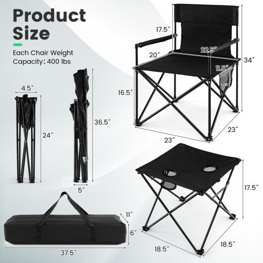 Outdoor Folding Camping Chairs and Table Set with Carrying Bag-Black - Color: Black