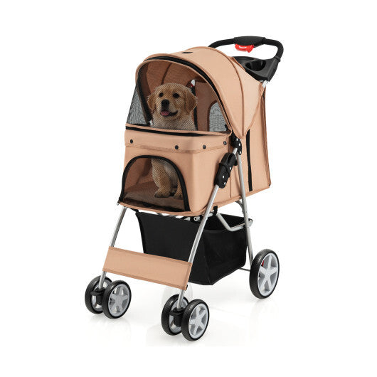 Foldable 4-Wheel Pet Stroller with Storage Basket-Beige - Color: Beige