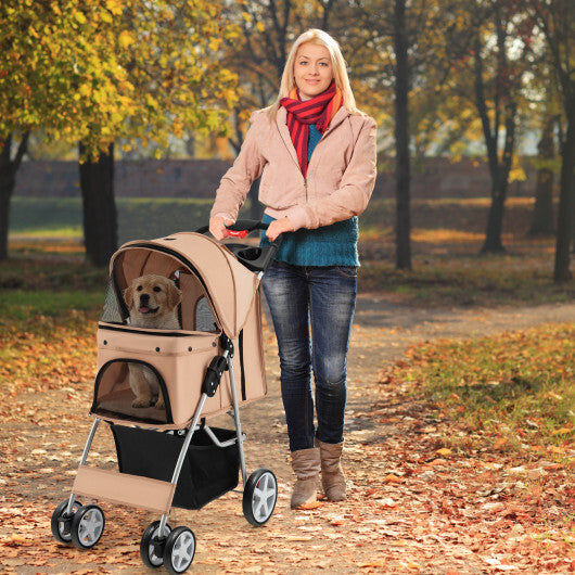 Foldable 4-Wheel Pet Stroller with Storage Basket-Beige - Color: Beige