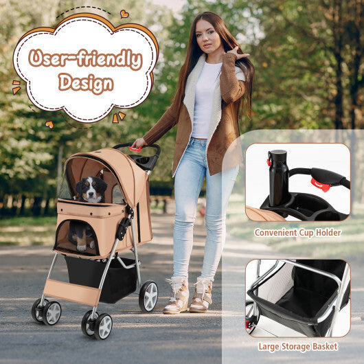 Foldable 4-Wheel Pet Stroller with Storage Basket-Beige - Color: Beige