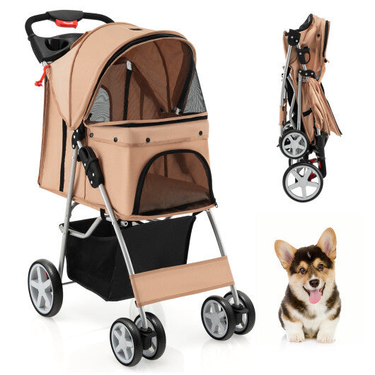 Foldable 4-Wheel Pet Stroller with Storage Basket-Beige - Color: Beige