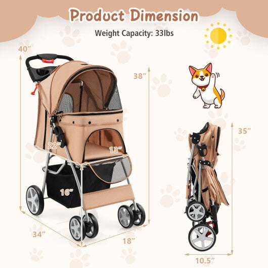 Foldable 4-Wheel Pet Stroller with Storage Basket-Beige - Color: Beige